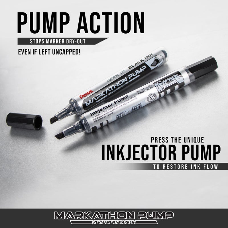 Pentel Markathon Pump Permanent Marker, Chisel Tip, Black Ink, 12 Pack (NLF60X-A) - Image 4